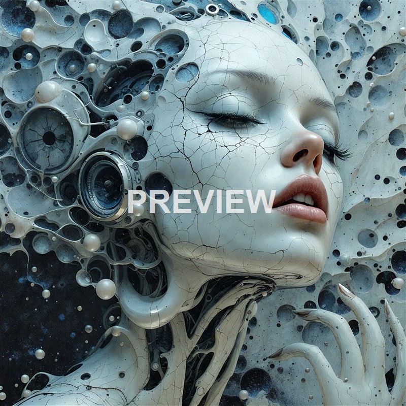A highly stylized and surreal image of a female face integrated with mechanical and electronic elements, featuring cracked skin and closed eyes, surrounded by various circular and spherical components.